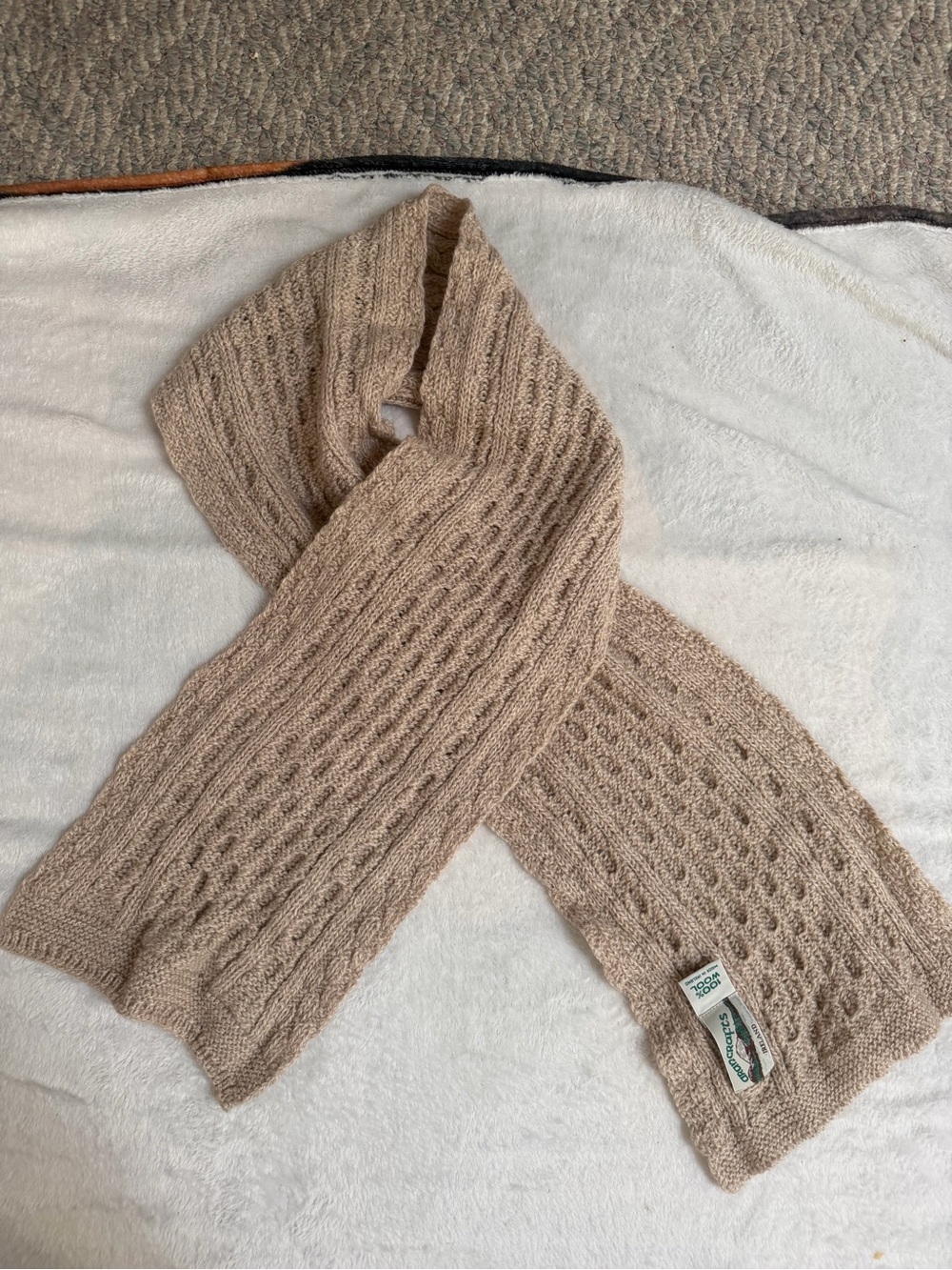 Vintage 1990s Aran Crafts Ireland 100% Wool Cable Knit Scarf Oatmeal Beige